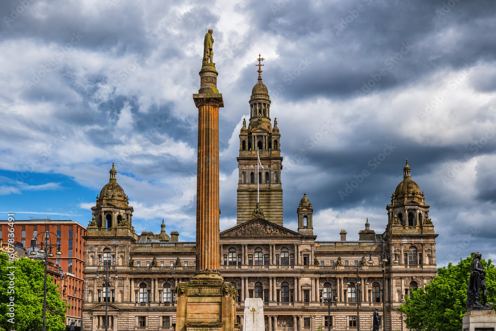 City Chambers And Scott Monument In Glasgow, Scotland, United Kingdom