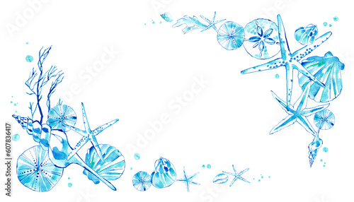 涼しげな貝殻の水彩イラスト。海をイメージした夏フレーム装飾。 photo