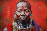 Maasai Warrior: A Head Portrait with Red Cape & Traditional Paintings. Generative AI.
