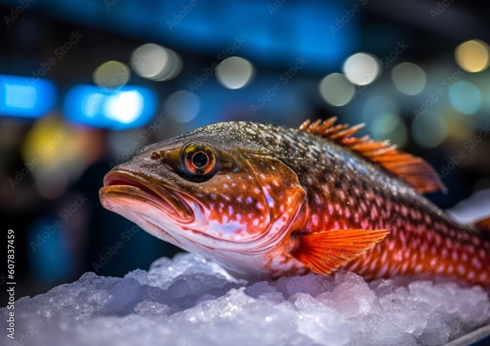 raw cod on ice at a seafood market, showcasing its shiny scales and vibrant colors raw cod on ice at a seafood market, showcasing its shiny scales and vibrant colors