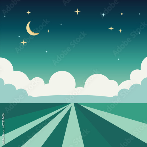 night landscape vector cartoon green stars month clouds