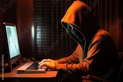 Generative AI illustration of side view of anonymous hacker with mask in hoodie typing on computer keyboard at table in dark room photo