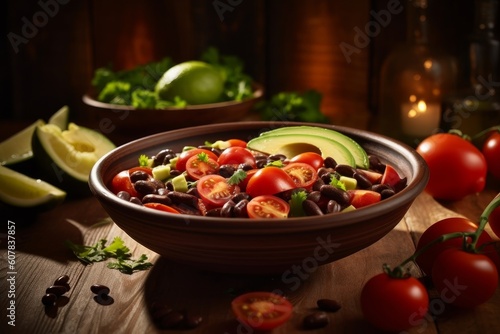 black beans in a Mexican-style dish, surrounded by avocado slices and tomatoes