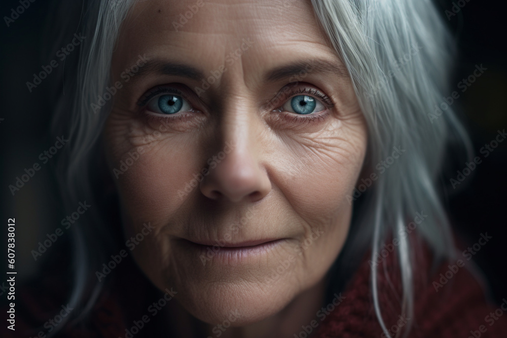 Generative AI illustration of senior woman with gray hair and blue eyes looking at camera and smiling against dark blurred background Generative AI illustration of senior woman with gray hair and blue eyes looking at camera and smiling against dark blurred background