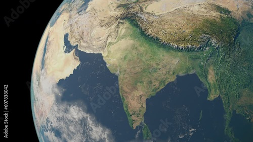 India map, zooming in from the space through a 4K photo real animated globe, with a panoramic view consisting of Asia, Africa and Eurasia. Epic spinning world animation, Realistic planet earth, highli photo