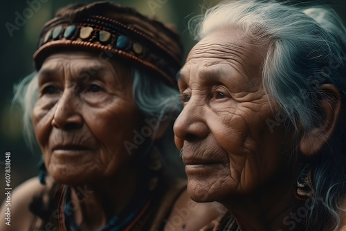 Generative AI illustration of elderly American Indian couple with grey hair looking away against a blurred background photo