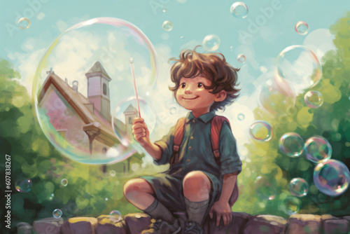 illustration of kid playing soap bubble made with Generative AI