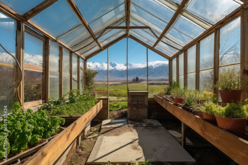 greenhouse with view of mountains and clear blue skies, created with generative ai greenhouse with view of mountains and clear blue skies, created with generative ai