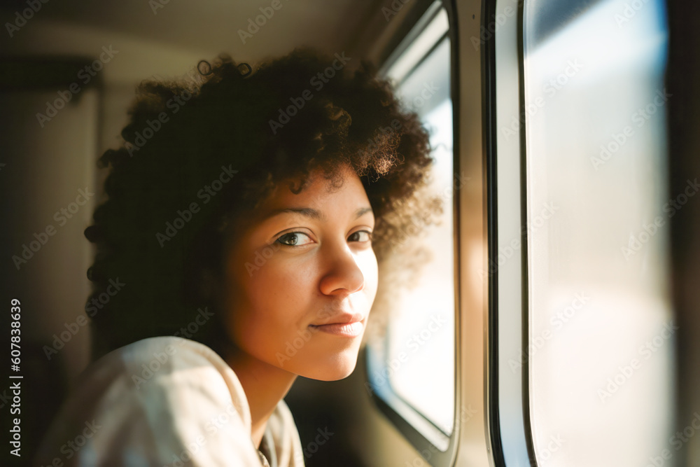 Generative AI illustration of calm young African American woman with Afro hairstyle looking at camera while sitting near window in van Generative AI illustration of calm young African American woman with Afro hairstyle looking at camera while sitting near window in van