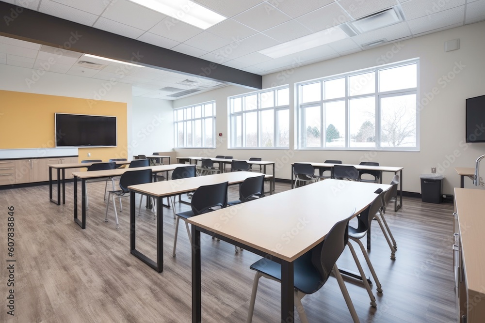 modern classroom with sleek furniture and interactive whiteboard for modern learning experience, created with generative ai modern classroom with sleek furniture and interactive whiteboard for modern learning experience, created with generative ai