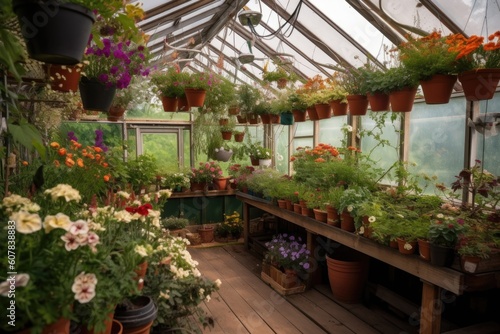 greenhouse with hanging baskets of colorful flowers and pots of herbs, created with generative ai