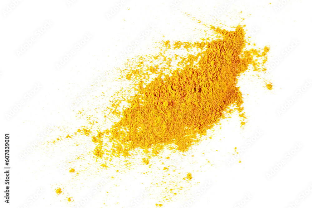  Turmeric (Curcuma) powder pile isolated on white background, top view