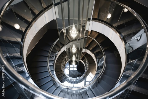 a spiral staircase with a mirrored railing, leading to the next level, created with generative ai