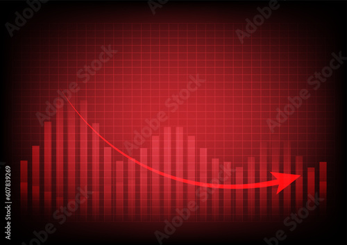 Red arrow graph drop arrow down with on red background. Money losing. Stock crisis and finance concept.