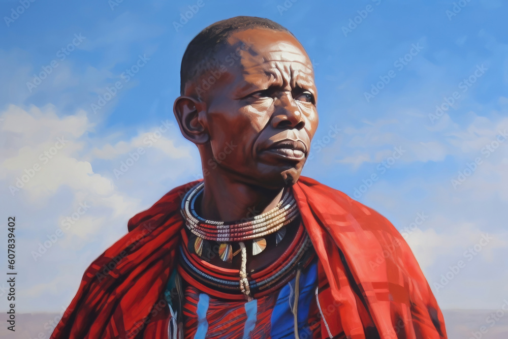 Maasai Warrior: A Head Portrait with Red Cape & Traditional Paintings. Generative AI. Maasai Warrior: A Head Portrait with Red Cape & Traditional Paintings. Generative AI.