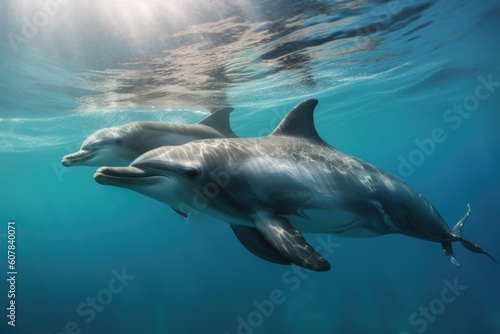 mother dolphin and her calf swimming in the warm waters of their home  created with generative ai
