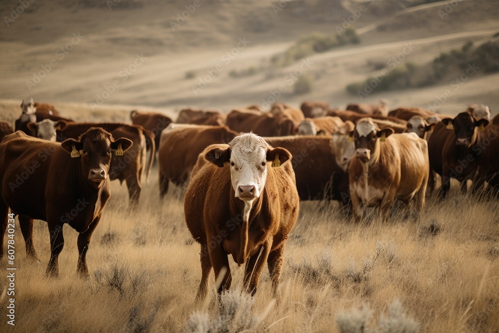 herd of cows grazing in open pasture, created with generative ai herd of cows grazing in open pasture, created with generative ai