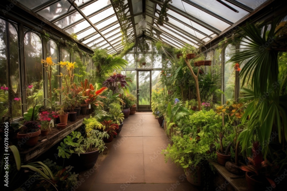 greenhouse filled with lush, tropical vegetation and exotic flowers, created with generative ai