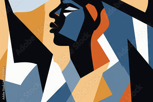 Generative AI illustration of abstract portrait of side view of female face painted in black blue and red color in creative and imaginative artwork photo