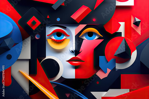 Generative AI illustration of abstract portrait of female face design with contrasting eye brows lids against different geometrical shapes photo