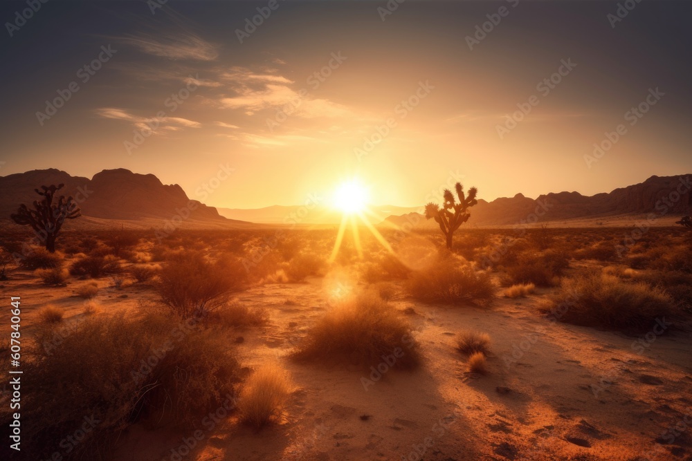 desert sunrise, with the sun peeking over the horizon and casting yellow light across the landscape, created with generative ai