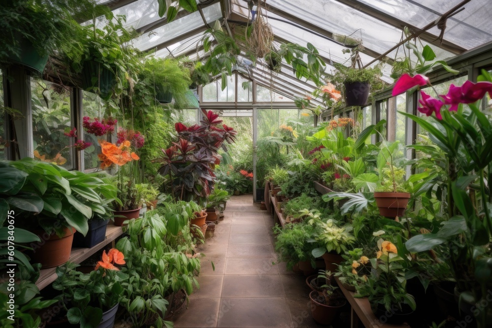 greenhouse filled with tropical plants and exotic flowers, created with generative ai