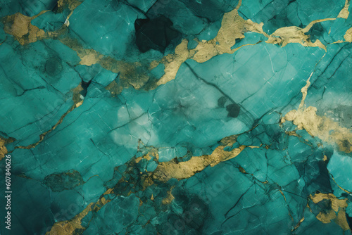 Generative AI illustration of turquoise marble texture background with cracked gold details photo