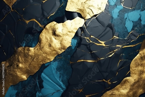 Generative AI illustration of turquoise and dark marble texture background with cracked gold details