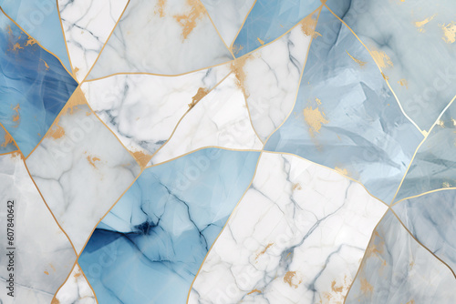 Generative AI illustration of blue and white marble texture background with cracked gold details photo