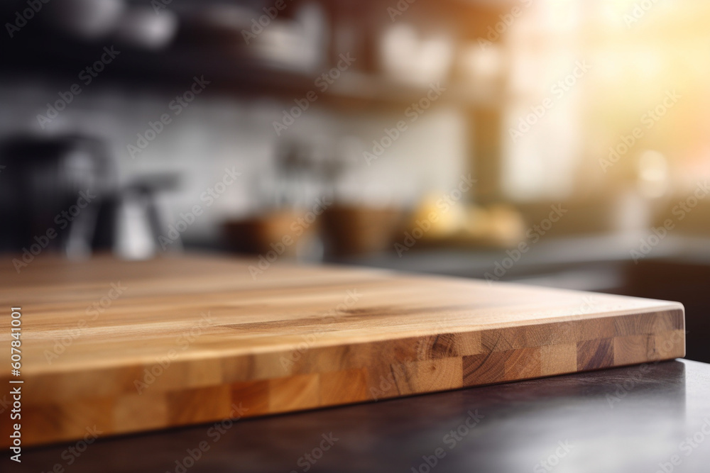 Wooden empty kitchen counter top. Blur n background. Montage for produck mockup. Generative AI Wooden empty kitchen counter top. Blur n background. Montage for produck mockup. Generative AI