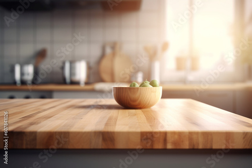 Wooden empty kitchen counter top. Blur n background. Montage for produck mockup. Generative AI