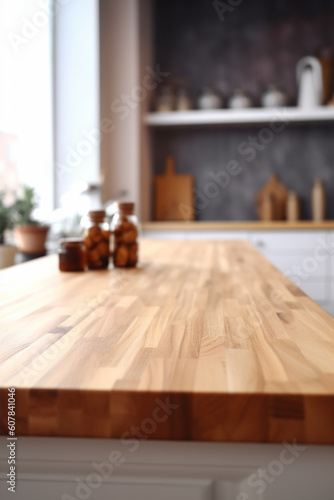 Wallpaper Mural Wooden empty kitchen counter top. Blur n background. Montage for produck mockup. Generative AI Torontodigital.ca