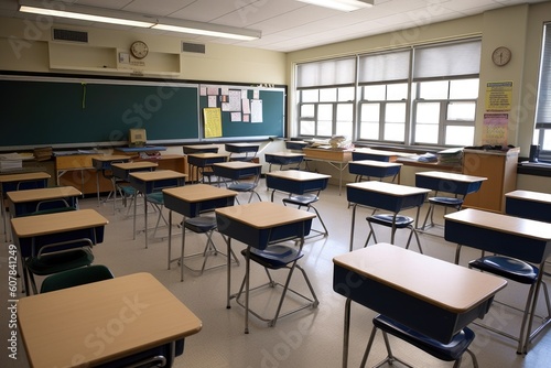 empty classroom, with student desks and chairs in their place, ready for the school year, created with generative ai