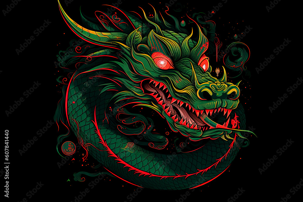 A green and red dragon on a black background. Generative AI 