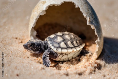 sea turtle hatchling leaving eggshell behind and emerging into the world, created with generative ai