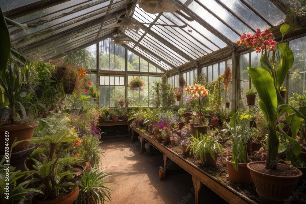 greenhouse, with view of blooming orchids and bromeliads, created with generative ai