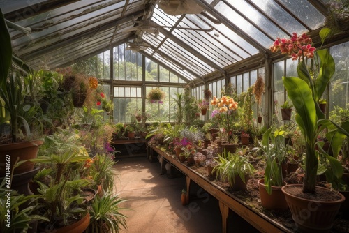 greenhouse, with view of blooming orchids and bromeliads, created with generative ai