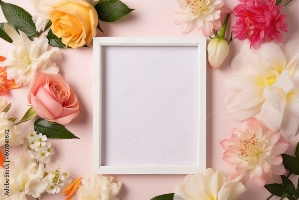 Generative AI image of fresh flowers of various colors and green leaves placed around empty white photo frame against pink background Generative AI image of fresh flowers of various colors and green leaves placed around empty white photo frame against pink background