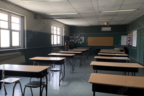 empty classroom with rows of desks facing front and blackboard in the background, created with generative ai