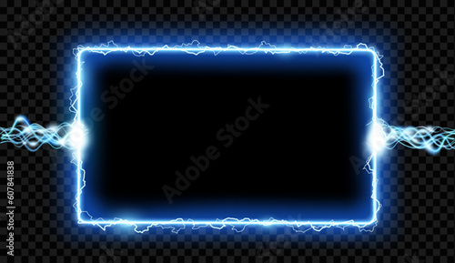 Frame with electric discharges and lightning. Banner template isolated on transparent background. Vector mockup