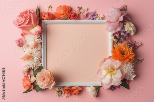Generative AI image of fresh blooming flowers of various colors and green leaves placed around empty white photo frame against pink background photo