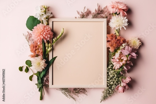 Generative AI image of fresh blooming flowers of various colors and green leaves placed around empty pink photo frame against pink background