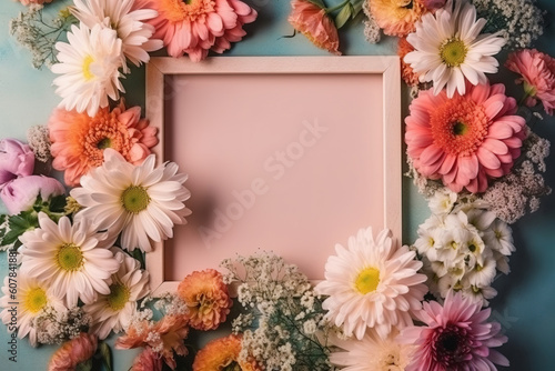 Generative AI image of blooming flowers of various colors placed on and around empty pink photo frame against light blue background