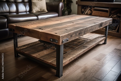 a rustic coffee table made of reclaimed wood and metal, created with generative ai