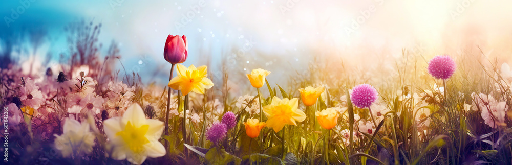 Meadow with blossoming tulip and daffodils on blurred sky in morning at sunrise. Floristic decoration. Natural floral background. Created with generative Ai