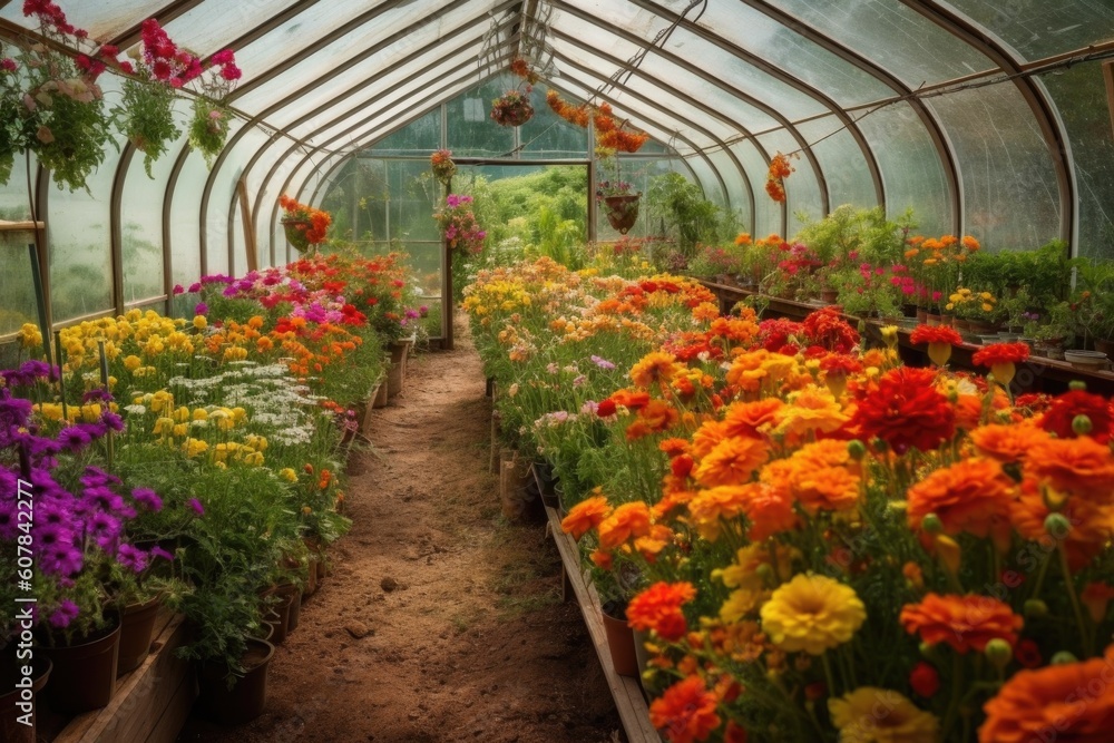 greenhouse filled with beautiful and colorful flowers, created with generative ai