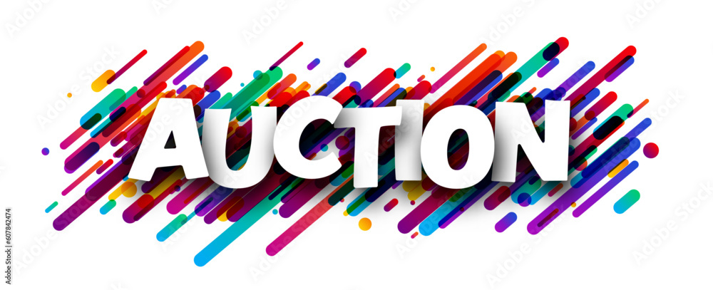 Banner with auction sign over colorful brush strokes lines background. Design element. Vector illustration. Banner with auction sign over colorful brush strokes lines background. Design element. Vector illustration.