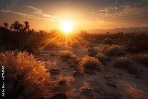 desert sunrise, with warm light illuminating the horizon and bringing new day, created with generative ai