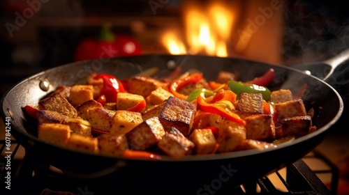 sliced Tempeh being fried in a pan with onions  bell peppers  and garlic