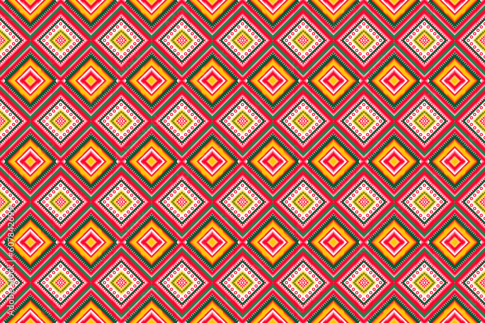 Abstract seamless pattern, traditional geometric shapes in red, yellow, green colors. Tribal pattern. carpet design, wallpaper, clothing, shawl, batik, fabric